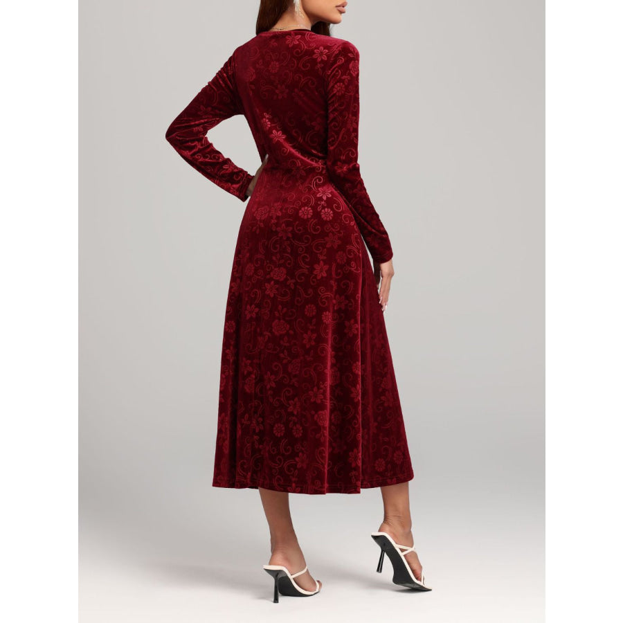 Flower Print V-Neck Long Sleeve Midi Dress Burgundy / S Apparel and Accessories