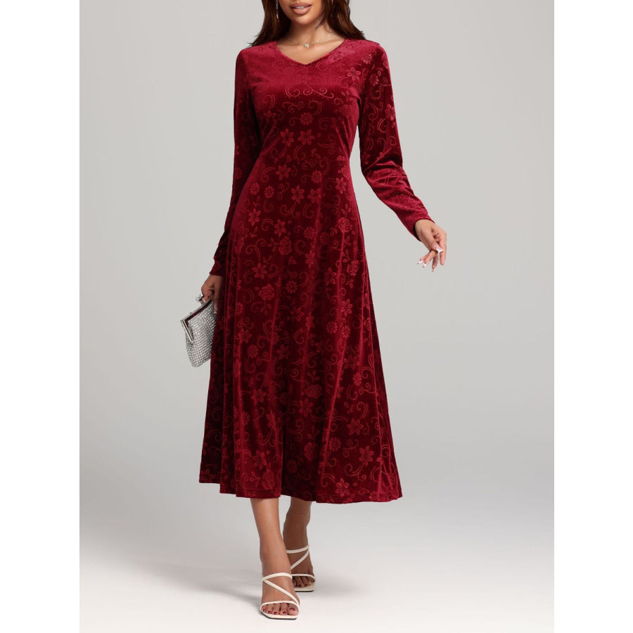 Flower Print V-Neck Long Sleeve Midi Dress Apparel and Accessories