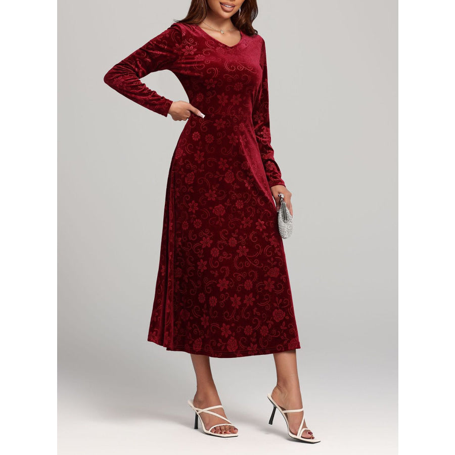 Flower Print V-Neck Long Sleeve Midi Dress Apparel and Accessories