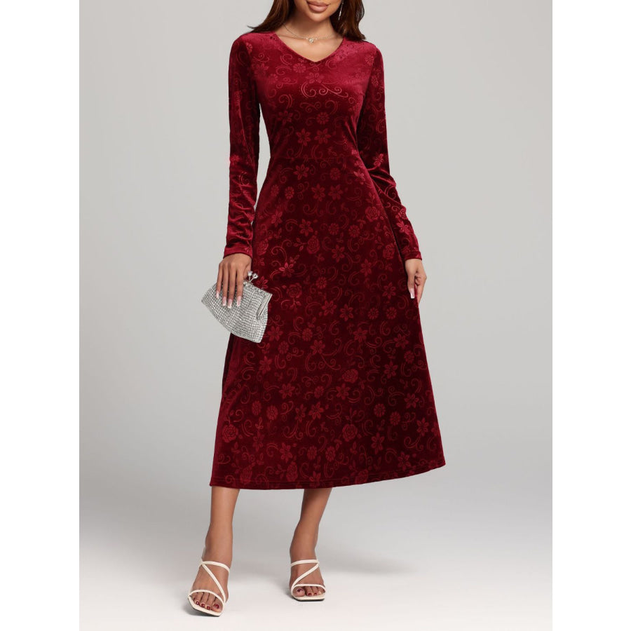 Flower Print V-Neck Long Sleeve Midi Dress Apparel and Accessories