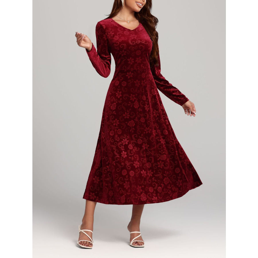 Flower Print V-Neck Long Sleeve Midi Dress Burgundy / S Apparel and Accessories