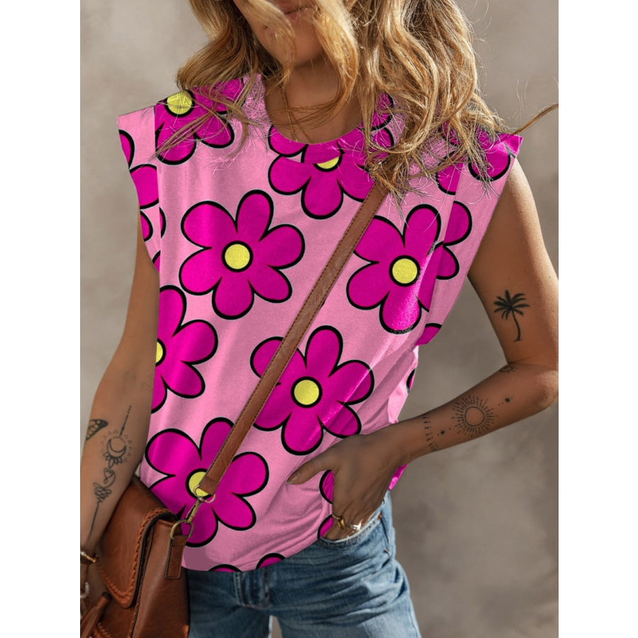 Flower Printed Round Neck Cap Sleeve Blouse Apparel and Accessories