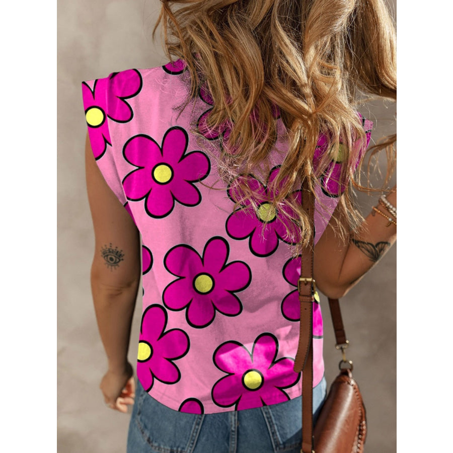 Flower Printed Round Neck Cap Sleeve Blouse Apparel and Accessories