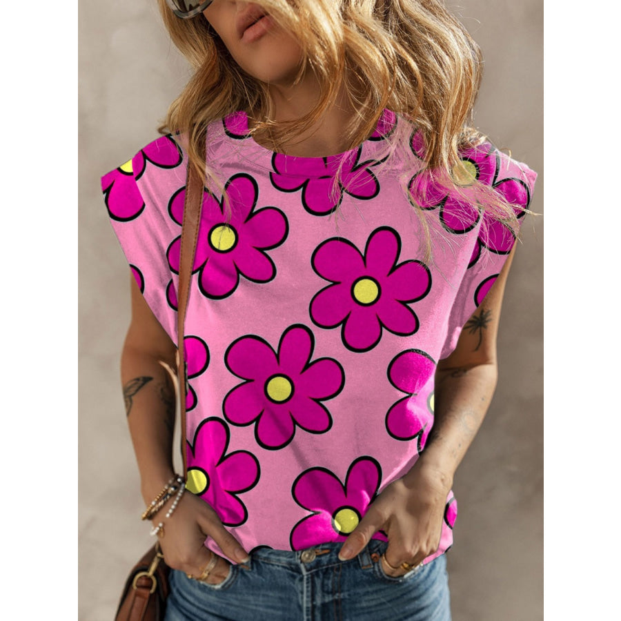 Flower Printed Round Neck Cap Sleeve Blouse Deep Rose / S Apparel and Accessories