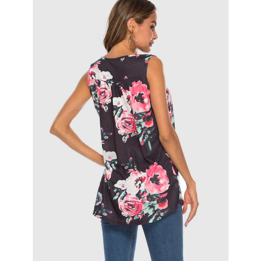 Flower Printed Round Neck Tank Apparel and Accessories