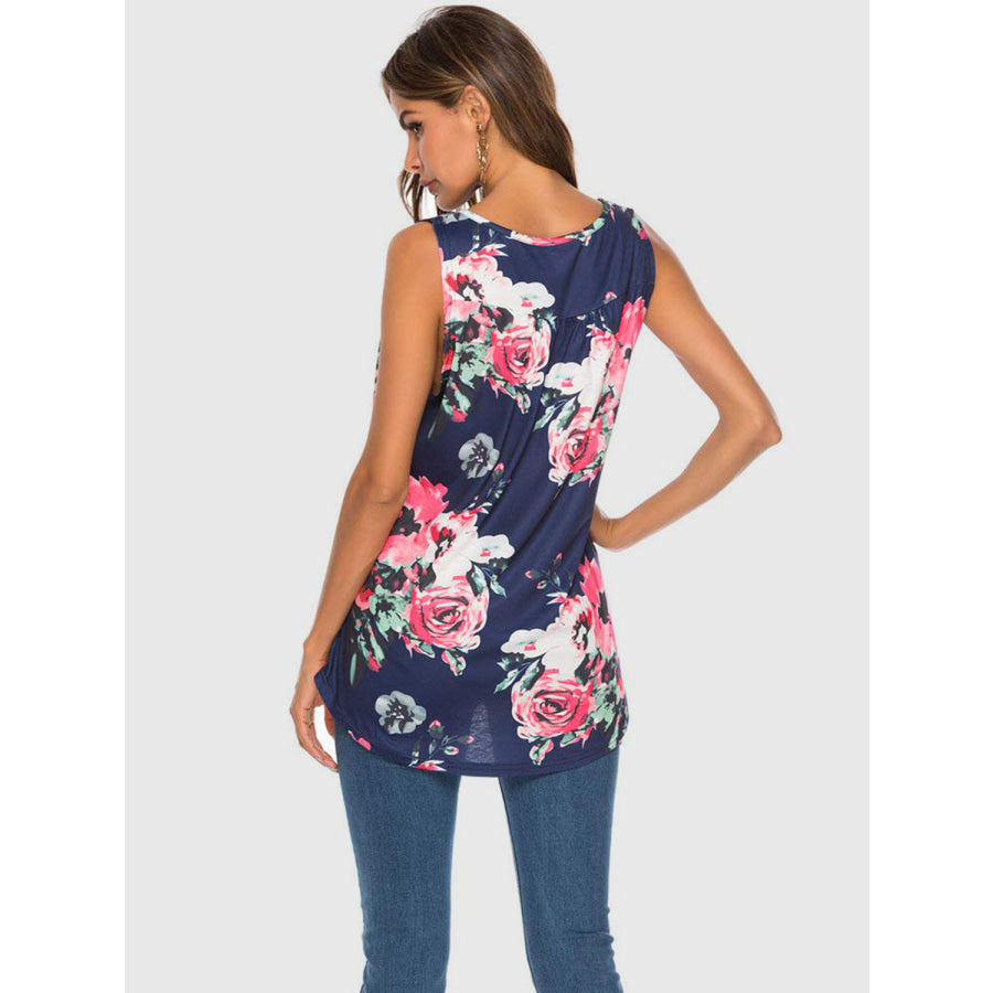 Flower Printed Round Neck Tank Apparel and Accessories