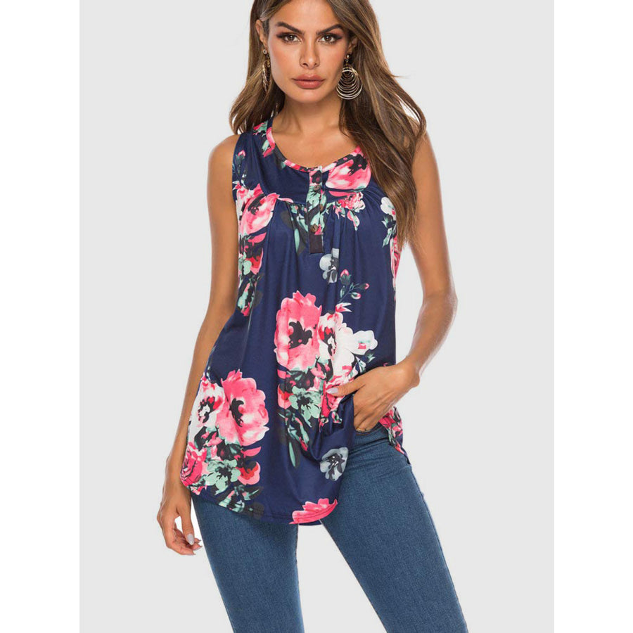 Flower Printed Round Neck Tank Dark Blue / S Apparel and Accessories