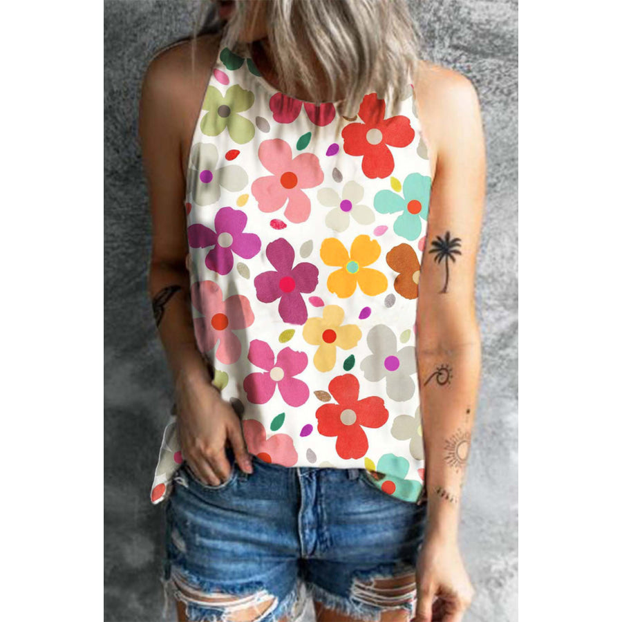 Flower Printed Round Neck Tank Floral / S Apparel and Accessories