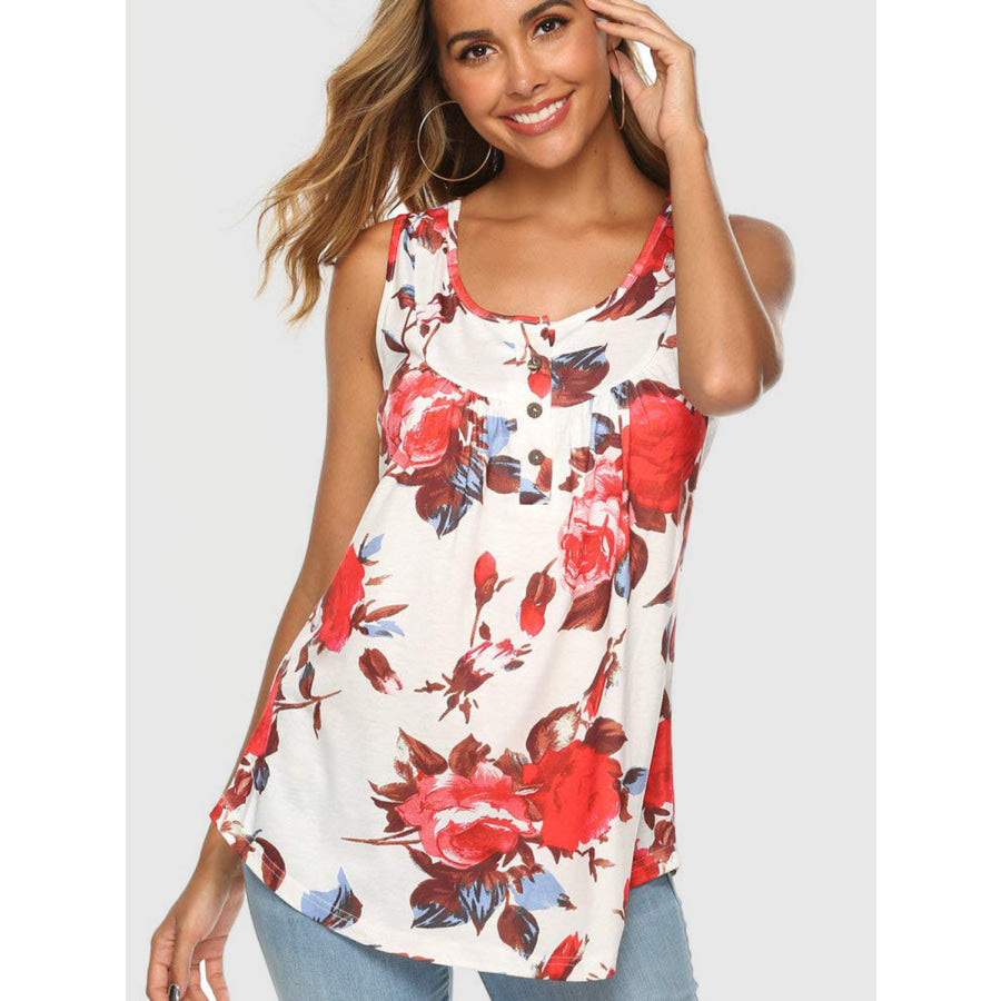 Flower Printed Round Neck Tank Orange-Red / S Apparel and Accessories