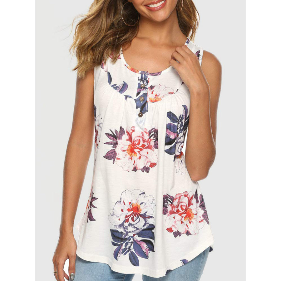 Flower Printed Round Neck Tank White / S Apparel and Accessories