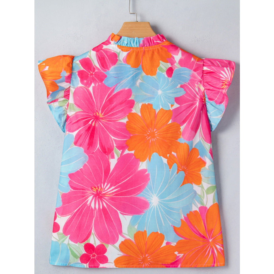 Flower Printed Tie V Neck Ruffle Trim Sleeveless Blouse Apparel and Accessories