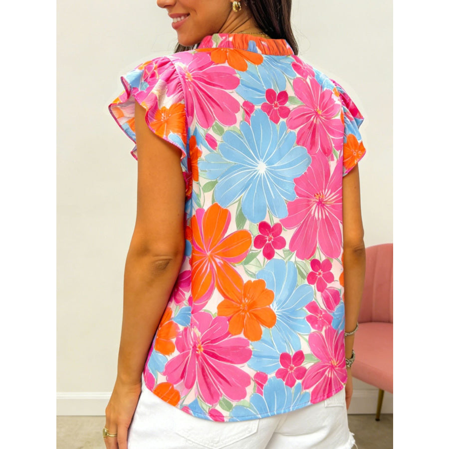 Flower Printed Tie V Neck Ruffle Trim Sleeveless Blouse Apparel and Accessories