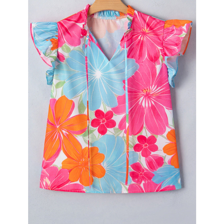 Flower Printed Tie V Neck Ruffle Trim Sleeveless Blouse Apparel and Accessories