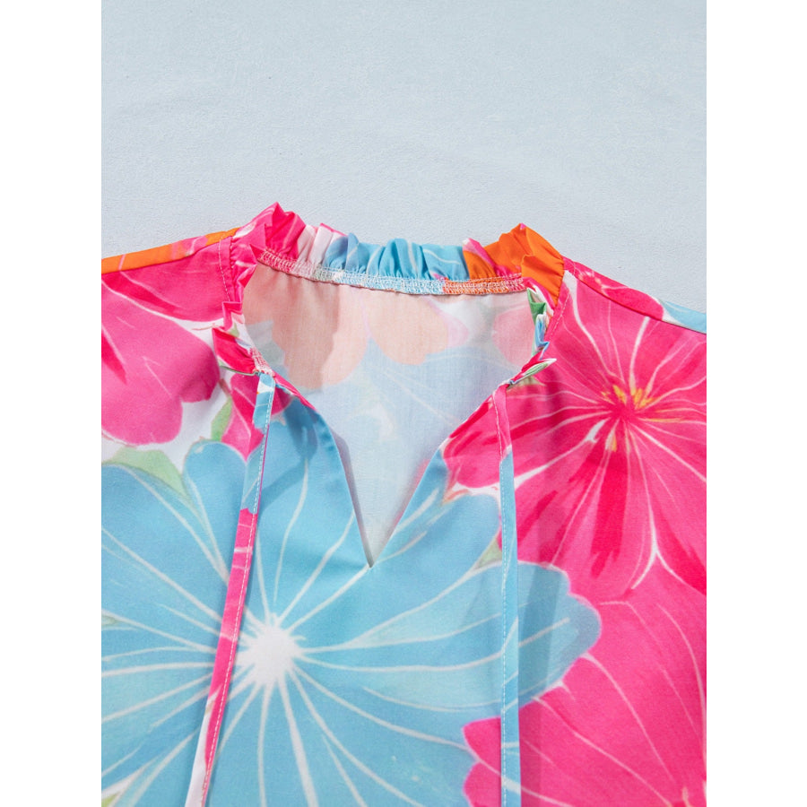 Flower Printed Tie V Neck Ruffle Trim Sleeveless Blouse Apparel and Accessories