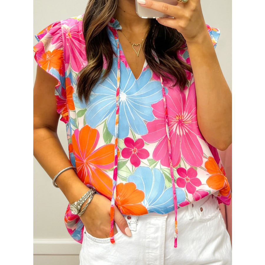 Flower Printed Tie V Neck Ruffle Trim Sleeveless Blouse Floral / S Apparel and Accessories