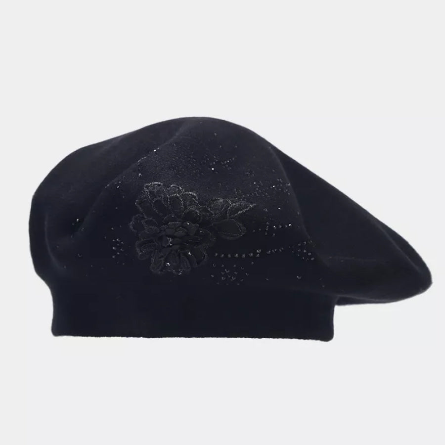 Flower Rhinestone Beret Hat Black / One Size Apparel and Accessories