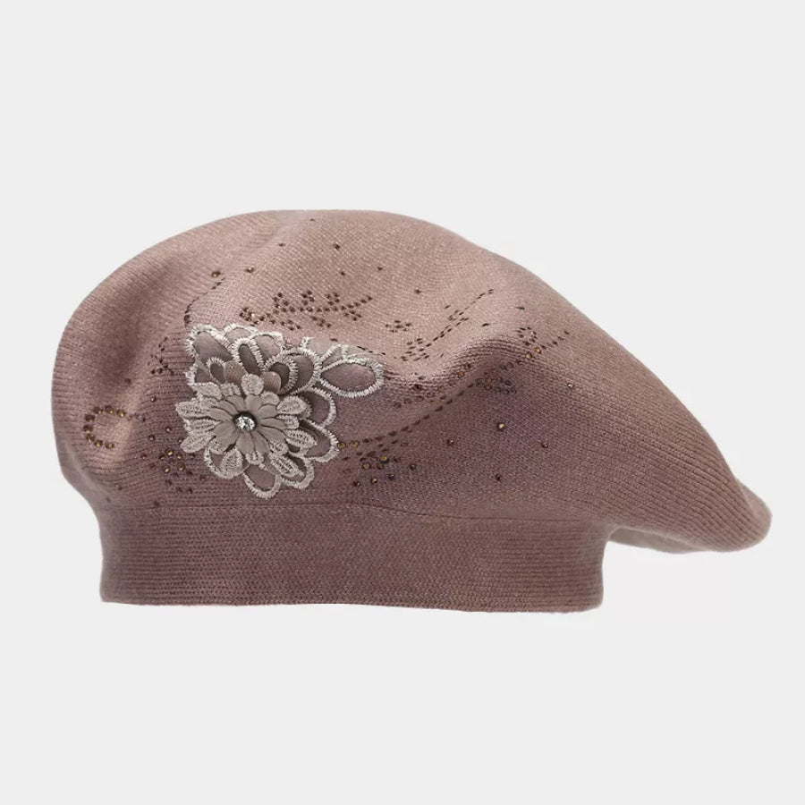 Flower Rhinestone Beret Hat Khaki / One Size Apparel and Accessories