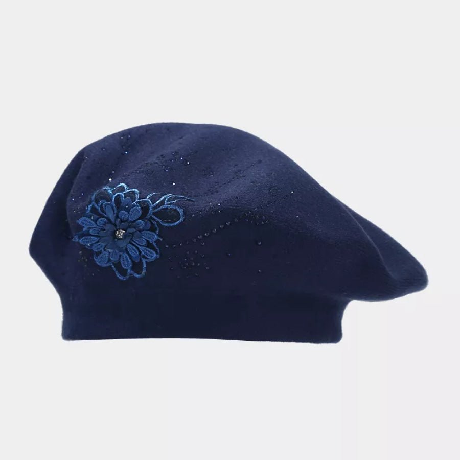 Flower Rhinestone Beret Hat Navy Blue / One Size Apparel and Accessories