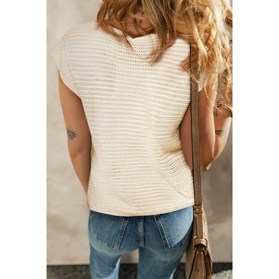Flower Round Neck Cap Sleeve Knit Top Sand / S Apparel and Accessories