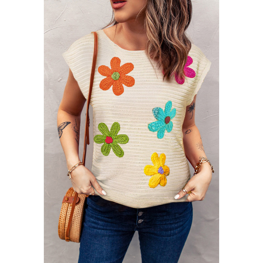 Flower Round Neck Cap Sleeve Knit Top Sand / S Apparel and Accessories