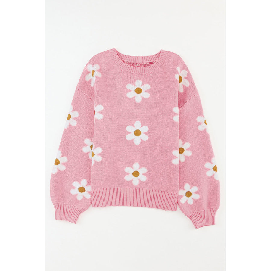 Flower Round Neck Dropped Shoulder Sweater Apparel and Accessories