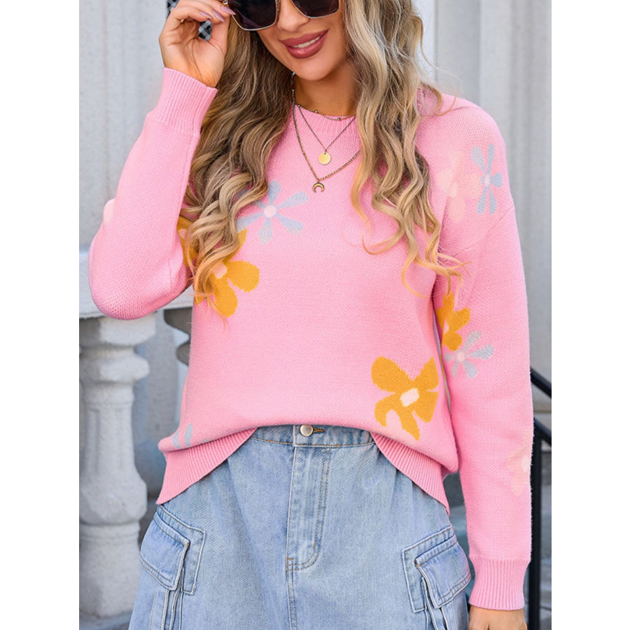 Flower Round Neck Dropped Shoulder Sweater Apparel and Accessories