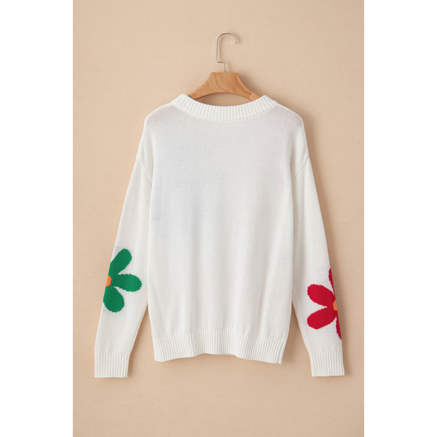 Flower Round Neck Dropped Shoulder Sweater Apparel and Accessories