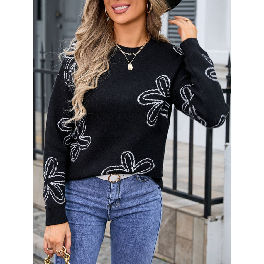 Flower Round Neck Dropped Shoulder Sweater Apparel and Accessories