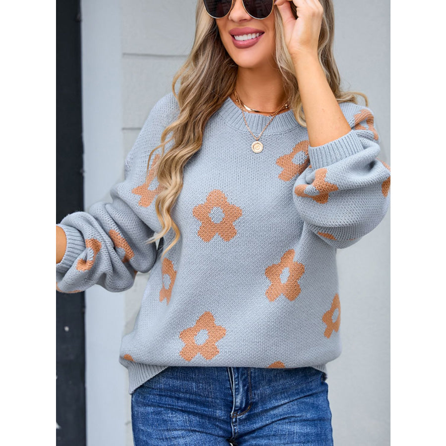 Flower Round Neck Dropped Shoulder Sweater Apparel and Accessories