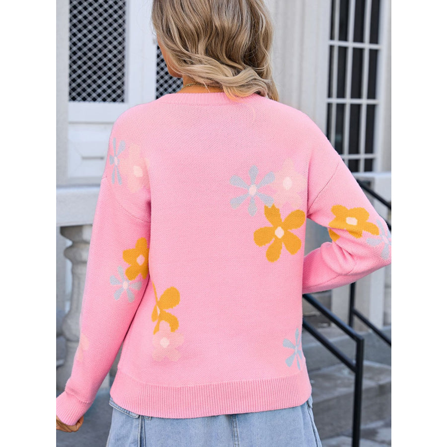 Flower Round Neck Dropped Shoulder Sweater Apparel and Accessories