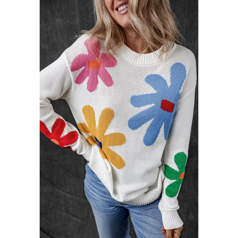 Flower Round Neck Dropped Shoulder Sweater Apparel and Accessories