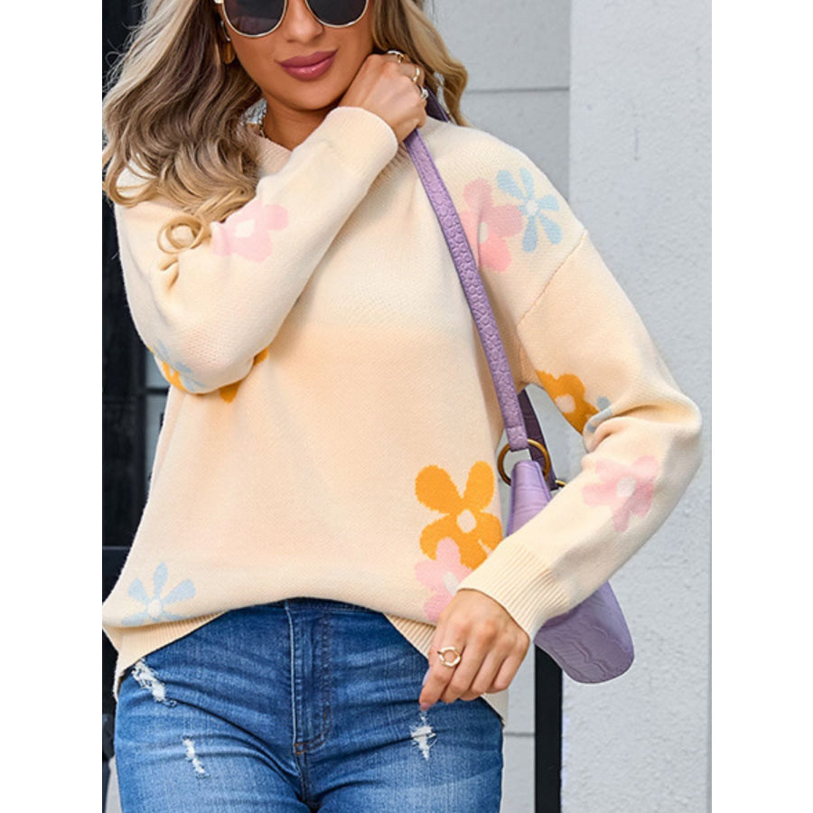 Flower Round Neck Dropped Shoulder Sweater Apparel and Accessories