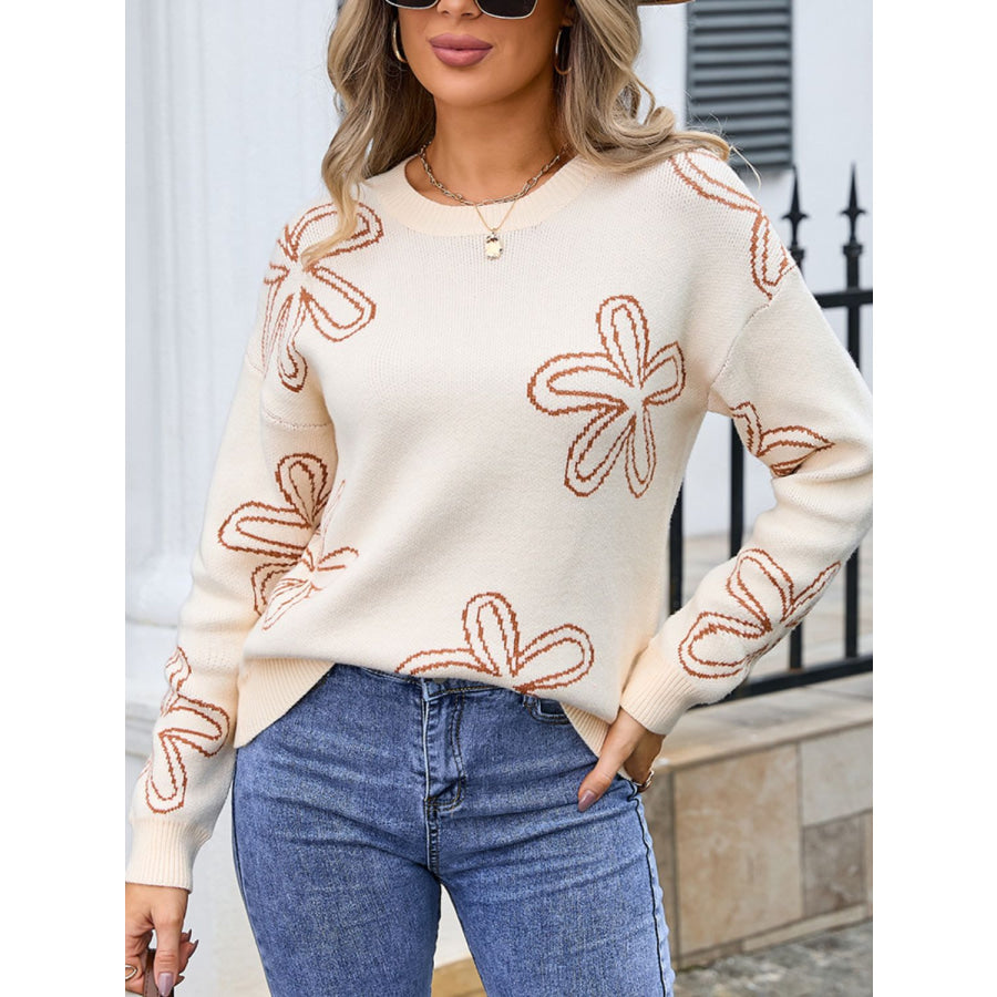 Flower Round Neck Dropped Shoulder Sweater Apparel and Accessories