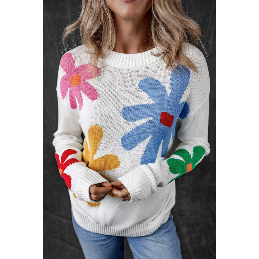 Flower Round Neck Dropped Shoulder Sweater Apparel and Accessories