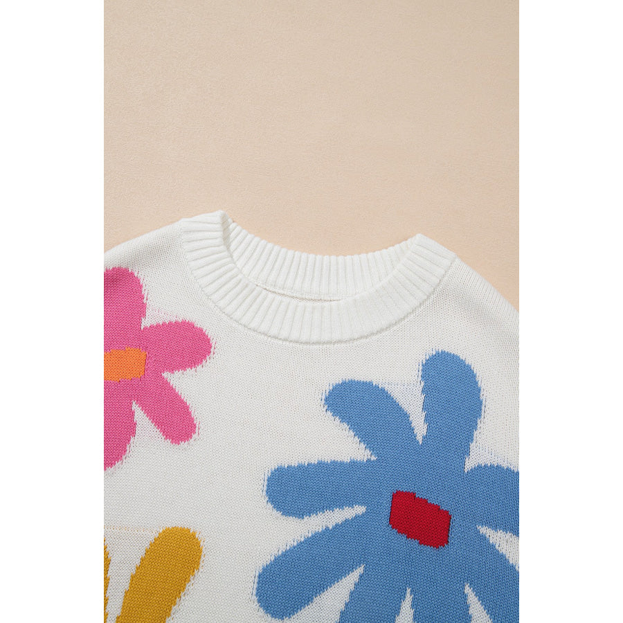 Flower Round Neck Dropped Shoulder Sweater Apparel and Accessories