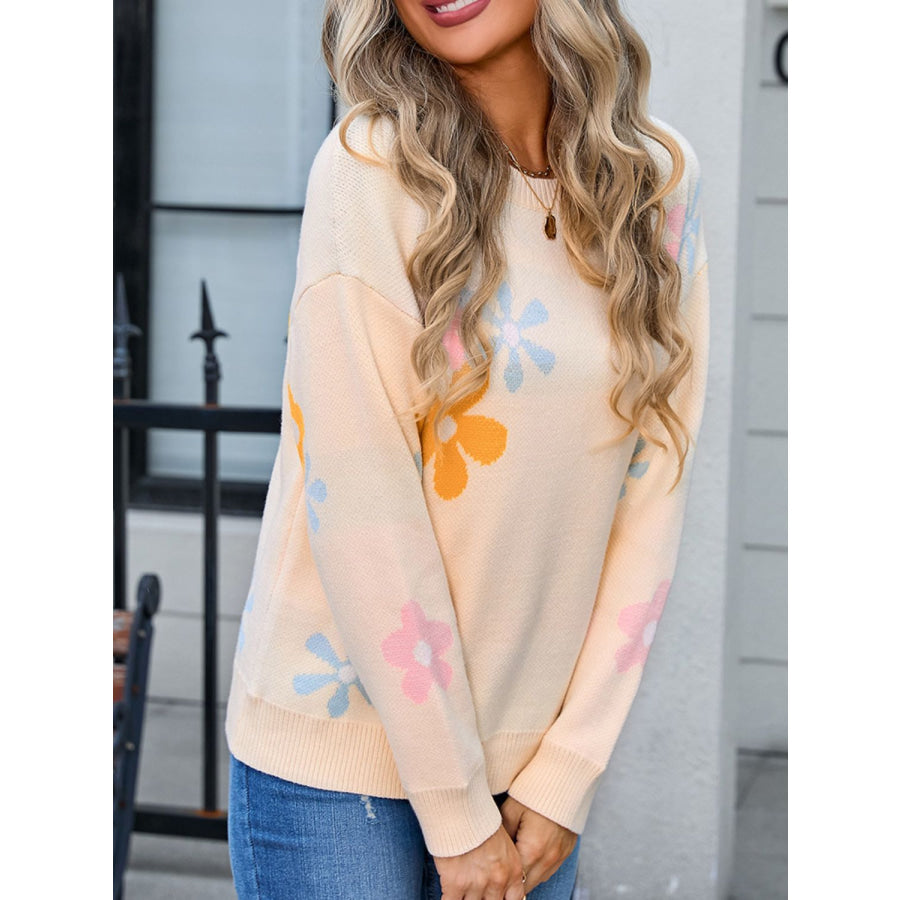 Flower Round Neck Dropped Shoulder Sweater Apparel and Accessories