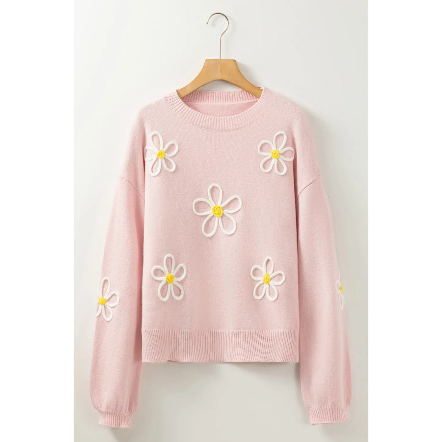 Flower Round Neck Dropped Shoulder Sweater Apparel and Accessories