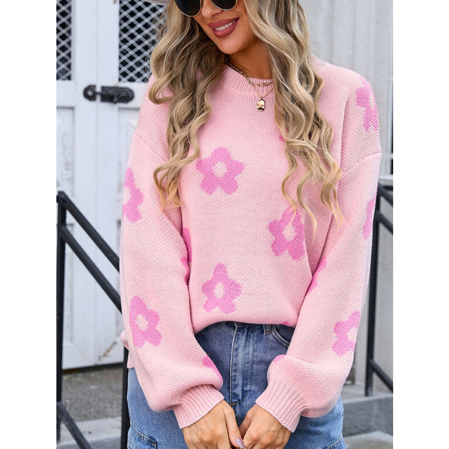 Flower Round Neck Dropped Shoulder Sweater Apparel and Accessories