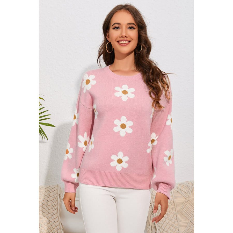 Flower Round Neck Dropped Shoulder Sweater Apparel and Accessories