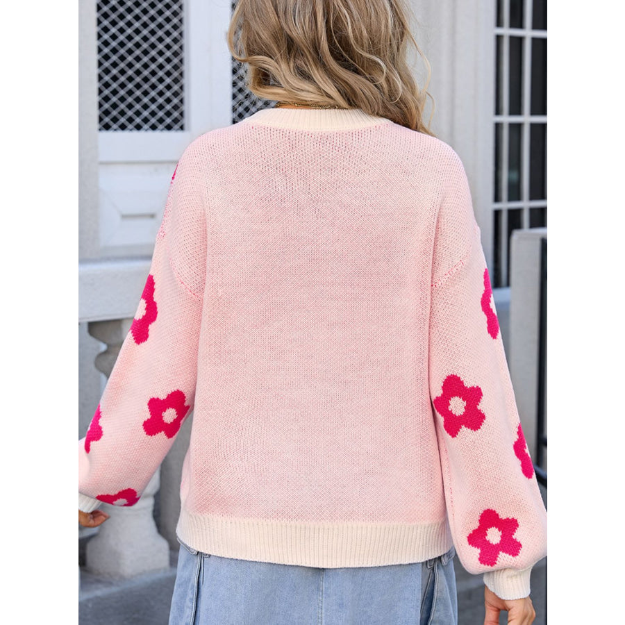 Flower Round Neck Dropped Shoulder Sweater Apparel and Accessories