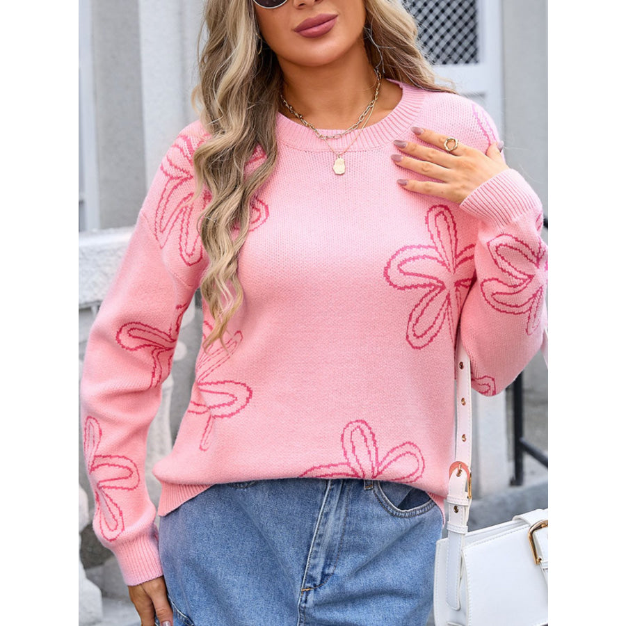 Flower Round Neck Dropped Shoulder Sweater Apparel and Accessories