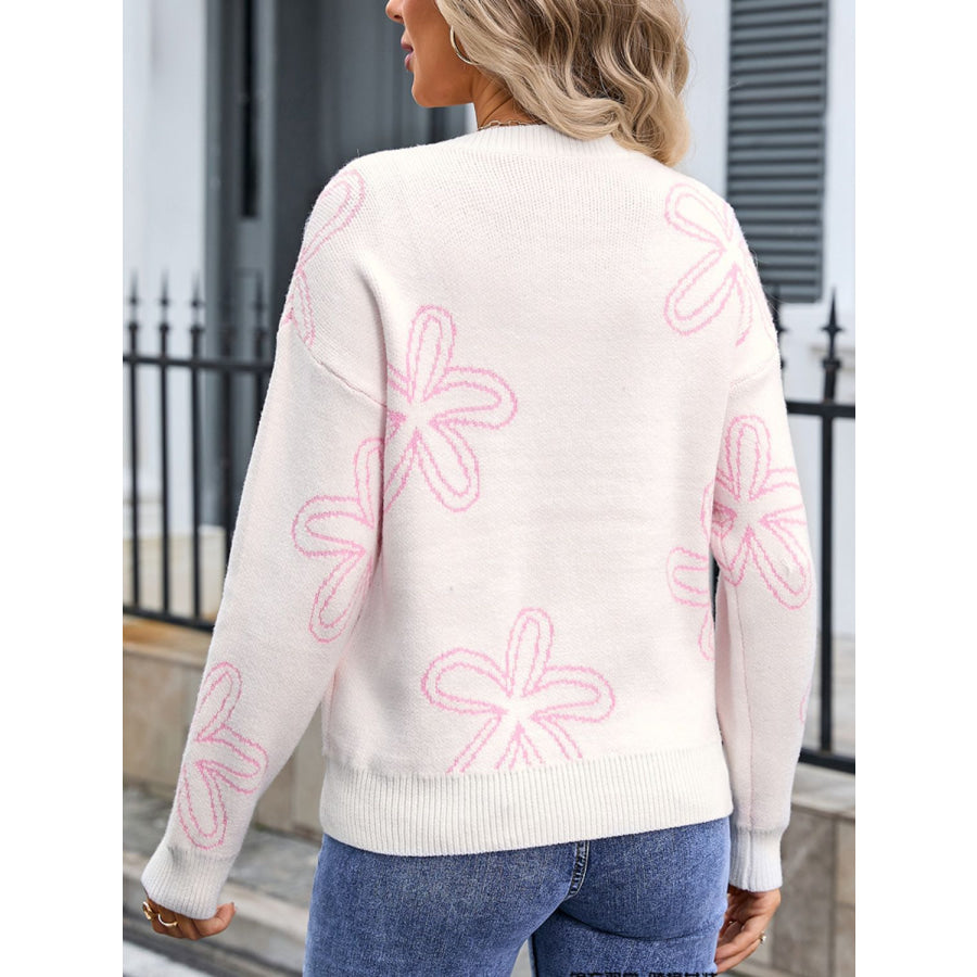 Flower Round Neck Dropped Shoulder Sweater Apparel and Accessories