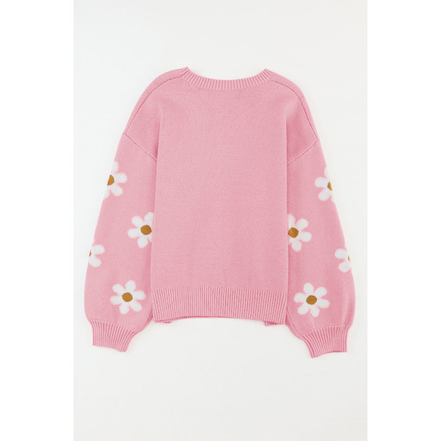 Flower Round Neck Dropped Shoulder Sweater Apparel and Accessories