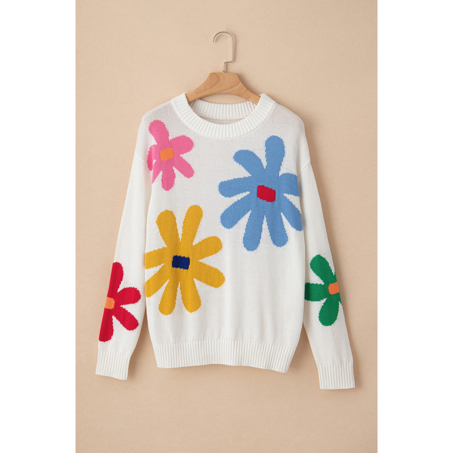 Flower Round Neck Dropped Shoulder Sweater Apparel and Accessories