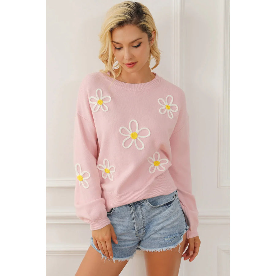 Flower Round Neck Dropped Shoulder Sweater Apparel and Accessories