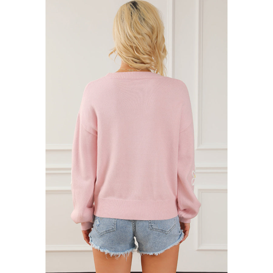 Flower Round Neck Dropped Shoulder Sweater Apparel and Accessories