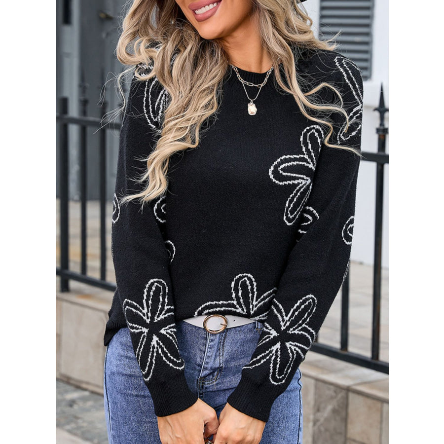 Flower Round Neck Dropped Shoulder Sweater Apparel and Accessories