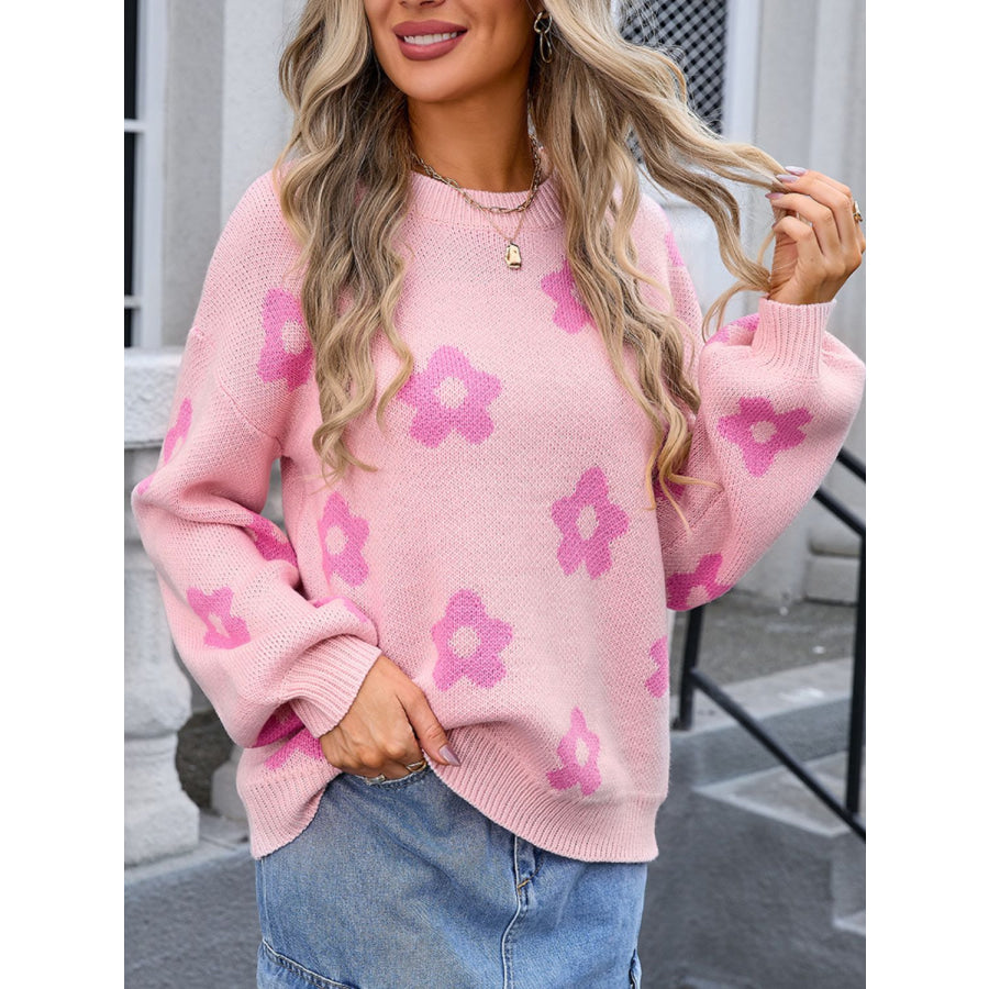 Flower Round Neck Dropped Shoulder Sweater Apparel and Accessories