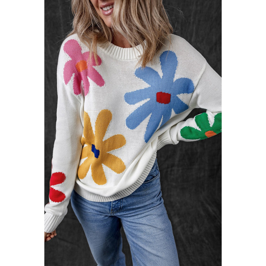 Flower Round Neck Dropped Shoulder Sweater Apparel and Accessories