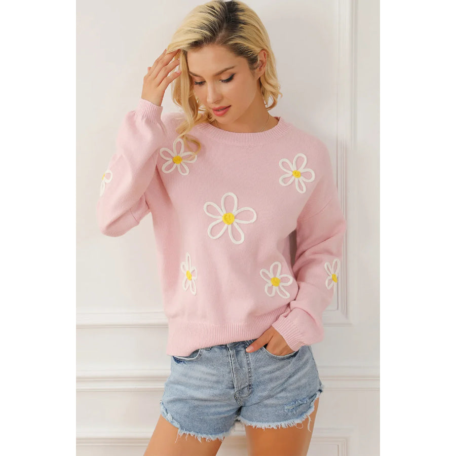 Flower Round Neck Dropped Shoulder Sweater Apparel and Accessories